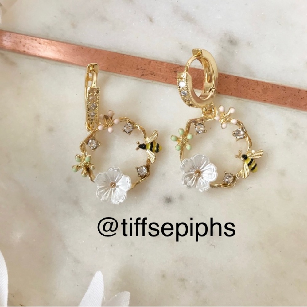 Gold Rhinestones Huggy Hoop Bee Floral Dangly Earrings NWT